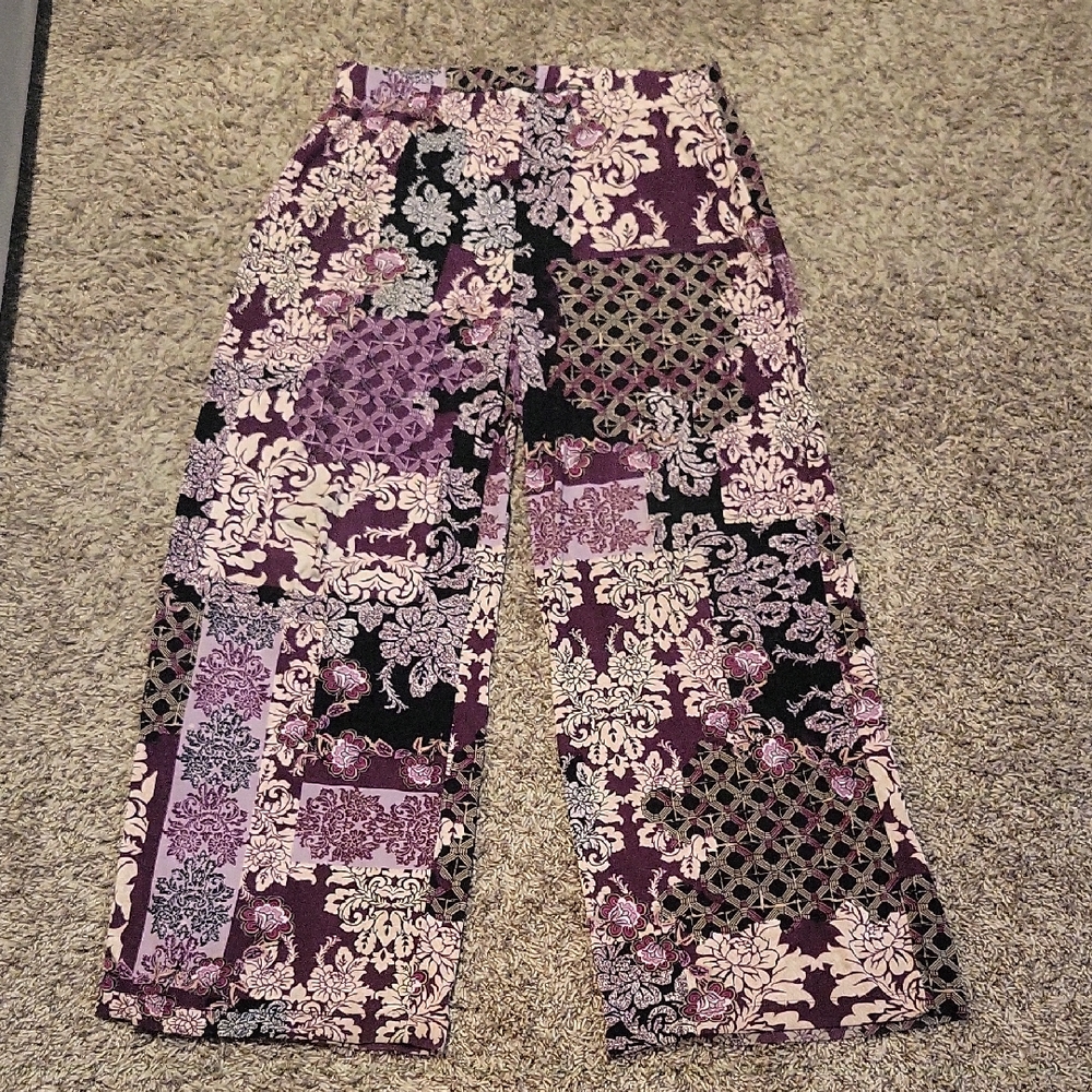Chico's Travelers Pullon Patchwork Floral Print Pant 2R 12 14 Purple Wide Leg